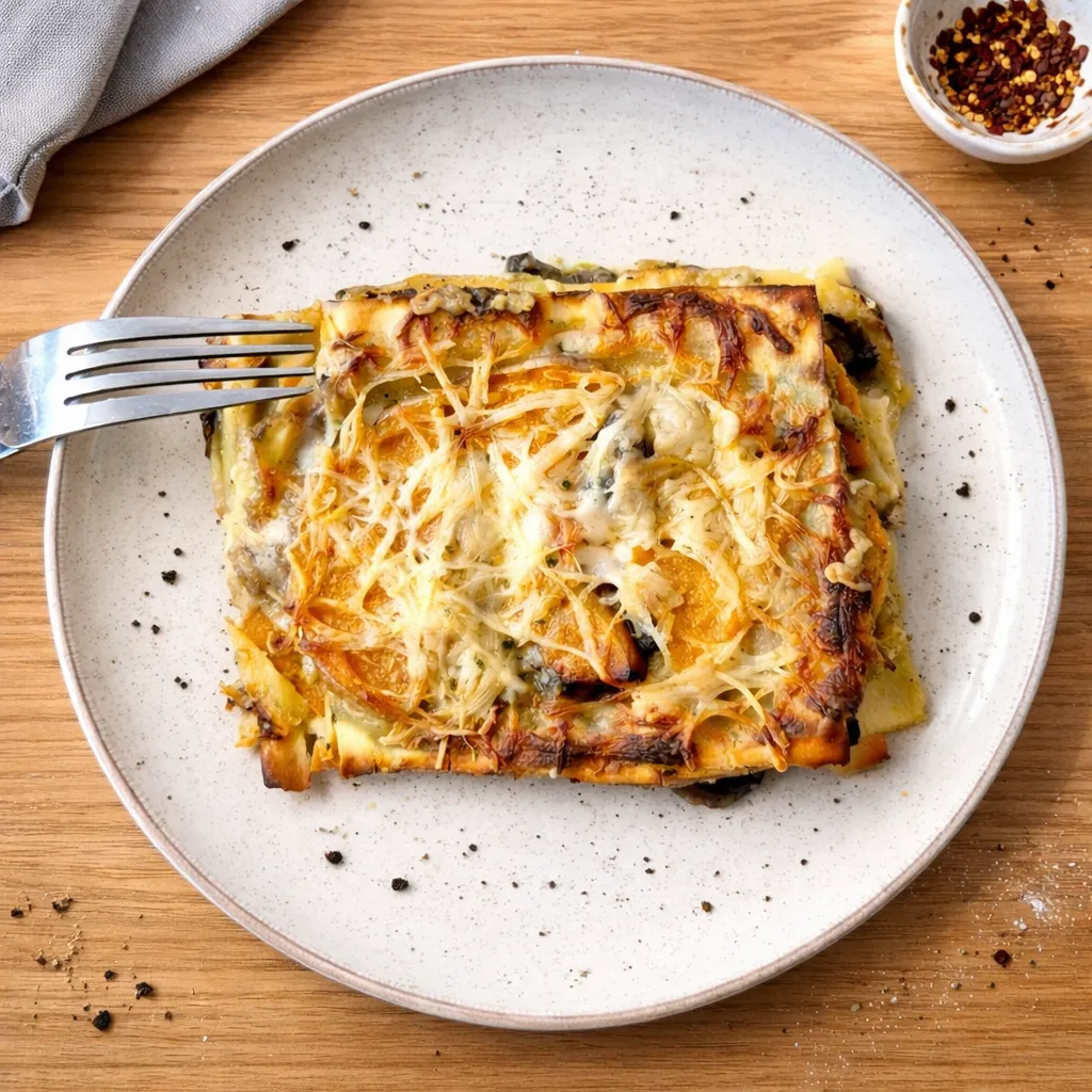 Lasagne au butternut, pesto et béchamel aux champignons