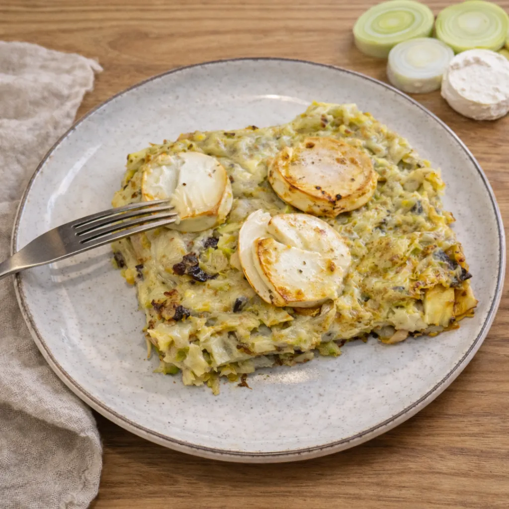 Lasagne aux poireaux, chèvre et pesto