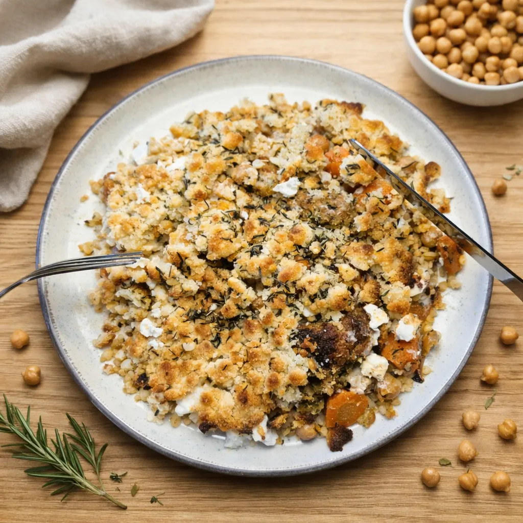 Crumble de boulgour, carottes, pois chiches rôtis au miel, falafels et feta