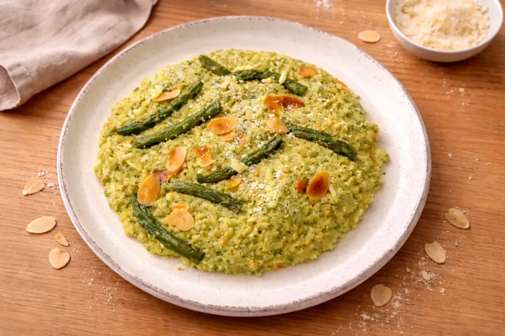 Risotto crémeux aux asperges et amandes effilées
