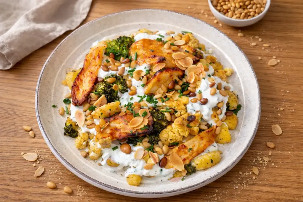 Gnocchis, brocoli et chou-fleur rôtis, halloumi caramélisé, sauce ricotta citron, amandes et pignons grillés